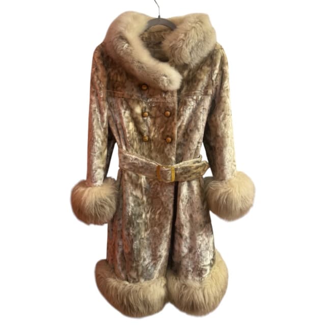 Vintage ILGWU Union-Made Faux Fur Coat with Fox Fur Trim, Belted, Made in USA