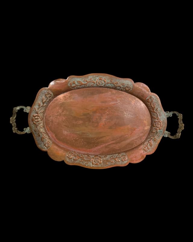 Hammered Intricate Floral Tlaquepaque Copper Tray with Brass Handles