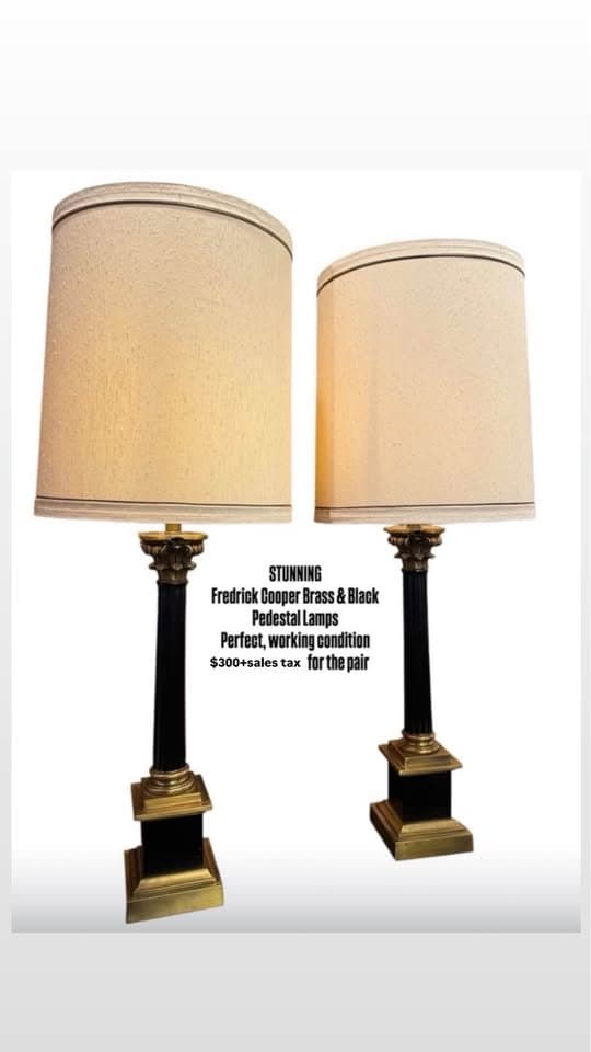 Vintage Frederick Cooper Brass & Black Pedestal Lamps w/ Original Shades