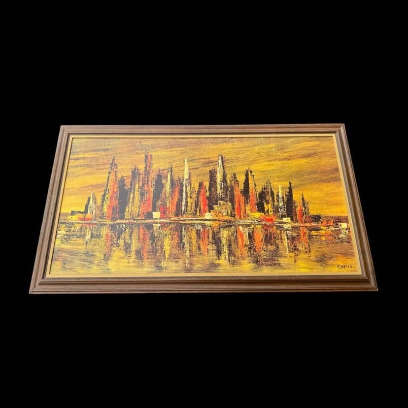 Vintage Signed Carter Bronze Skyline Cityscape MCM Painting