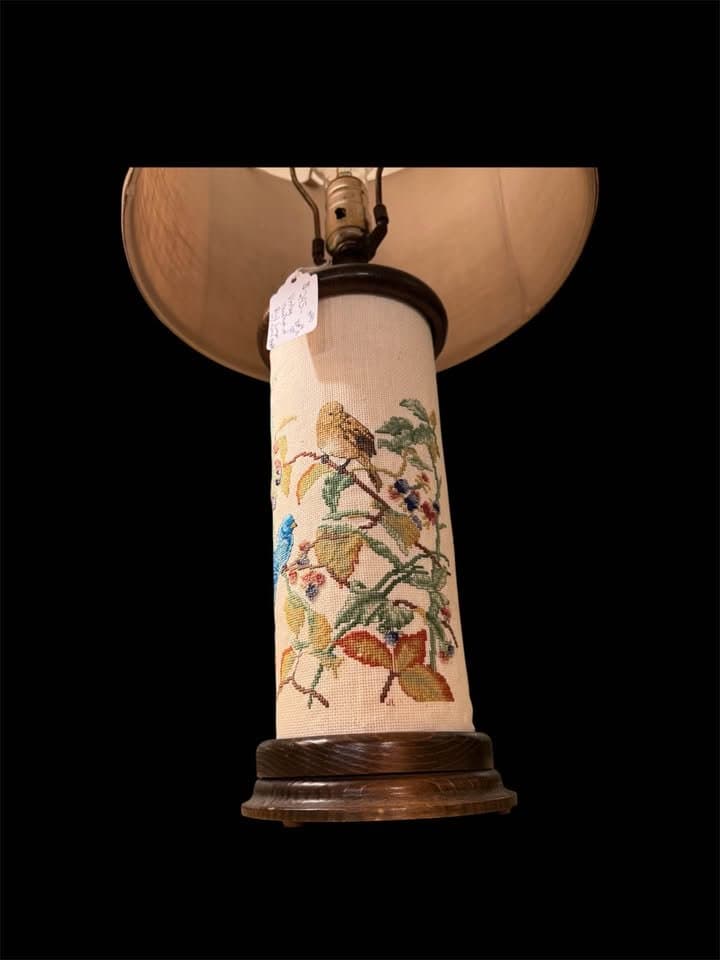 Vintage Needlepoint Birds & Florals Lamp Set