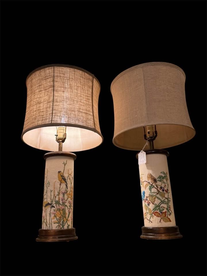 Vintage Needlepoint Birds & Florals Lamp Set, Multi-Colored, photo 3 of 3