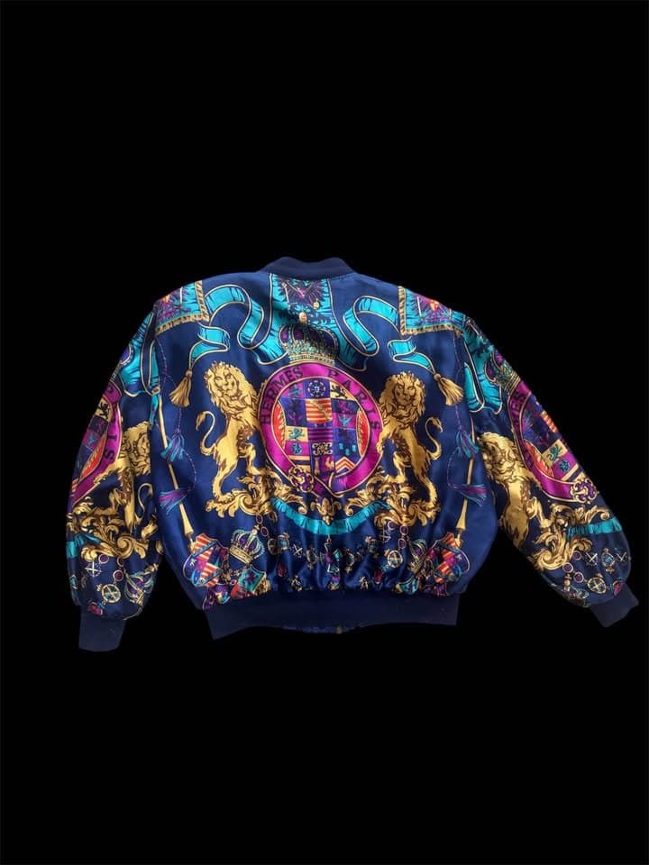Vintage 80s Hermès Paris Silk Bomber Jacket, Metro High Fashion, Multi-Colored, photo 4 of 4