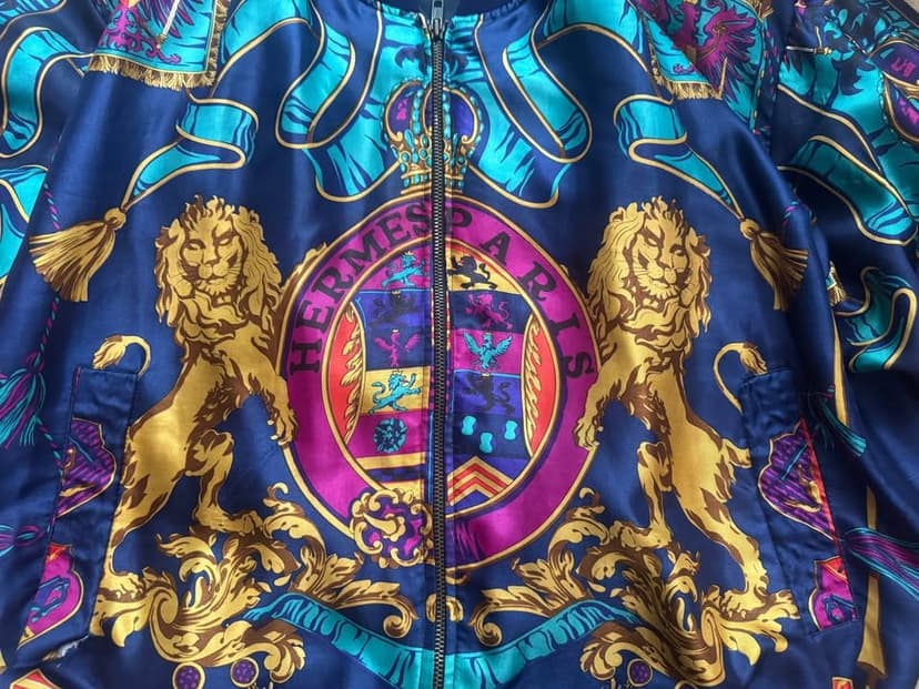 Vintage 80s Hermès Paris Silk Bomber Jacket, Metro High Fashion, Multi-Colored, photo 2 of 4