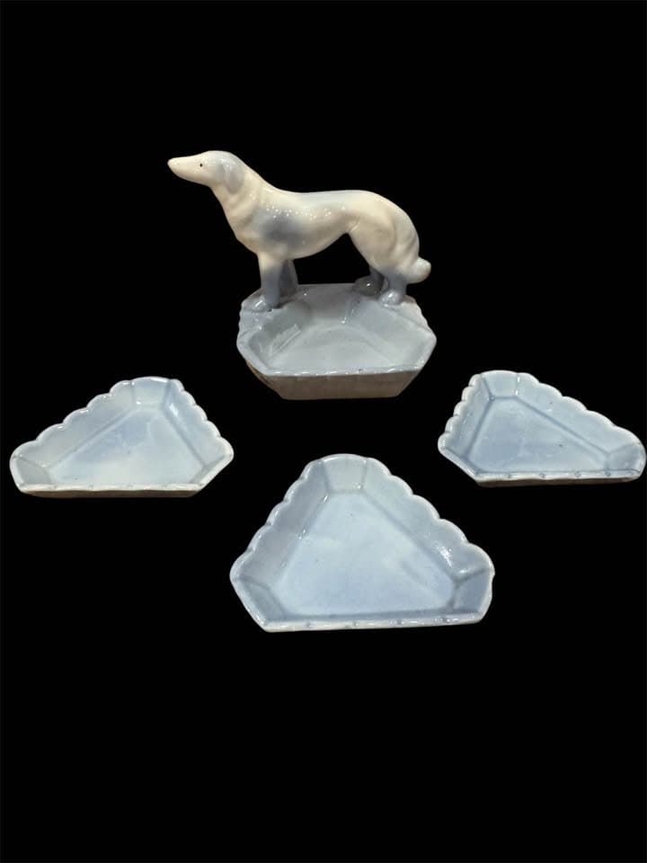 Vintage Porcelain Borzoi Russian Wolfhound Tea Bag Caddy Holder, Blue & White, photo 2 of 2