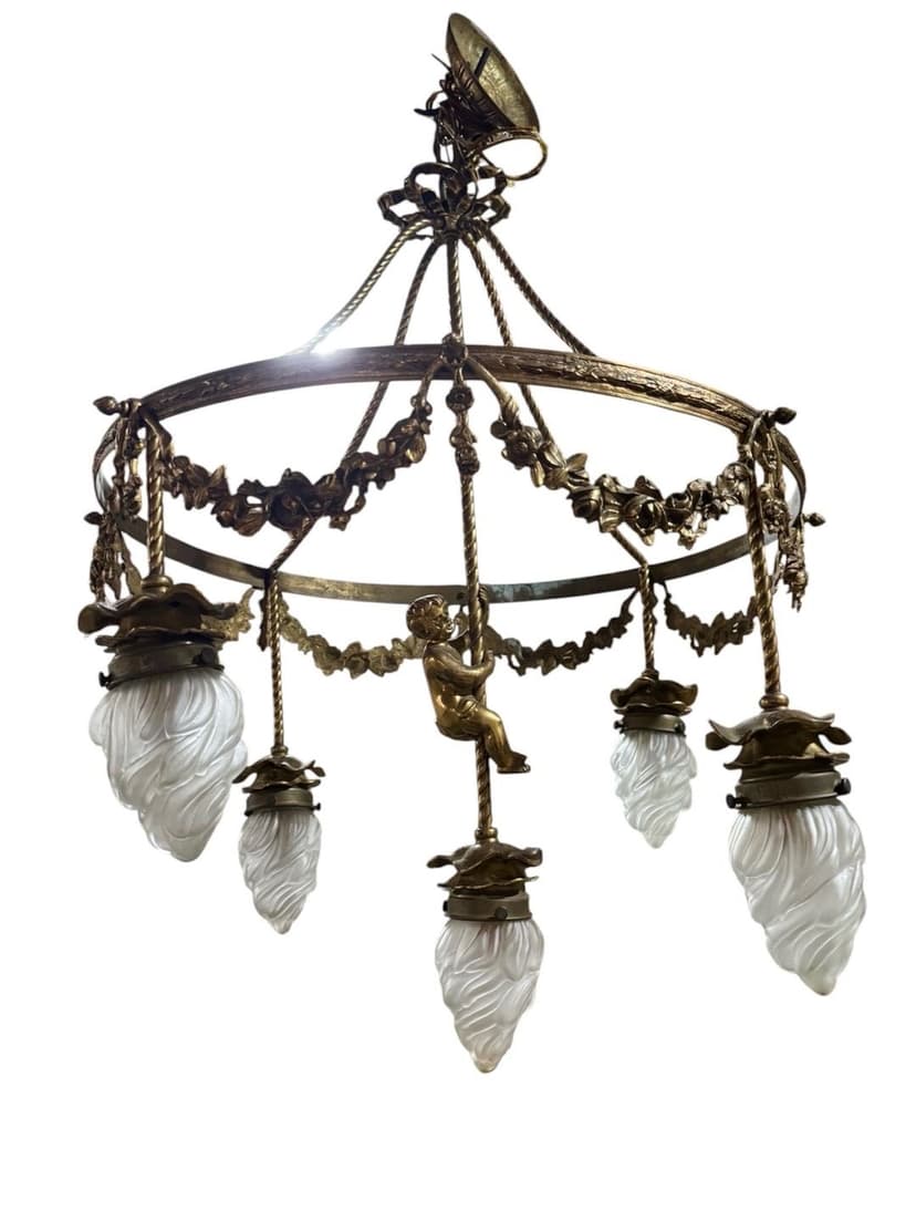 1950s Hanging Brass Cherub Chandelier with Frosted Glass Flame Shades