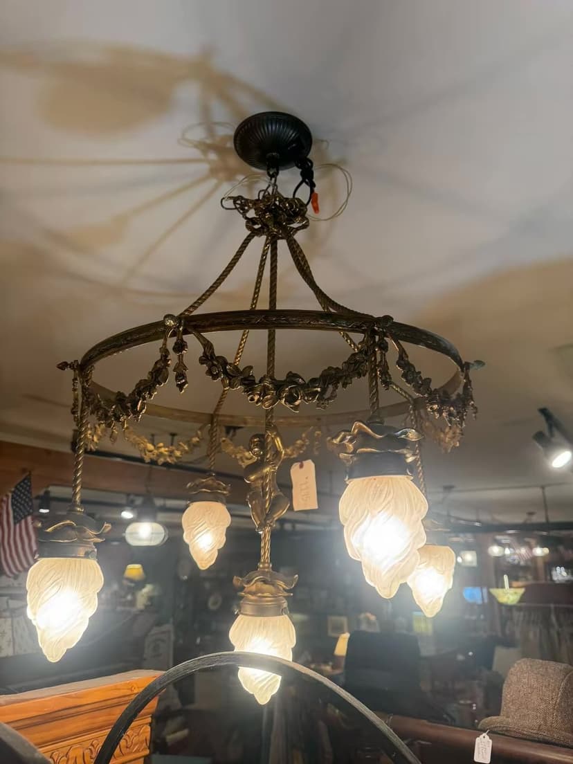 1950s Hanging Brass Cherub Chandelier with Frosted Glass Flame Shades, Gold & white, photo 2 of 3