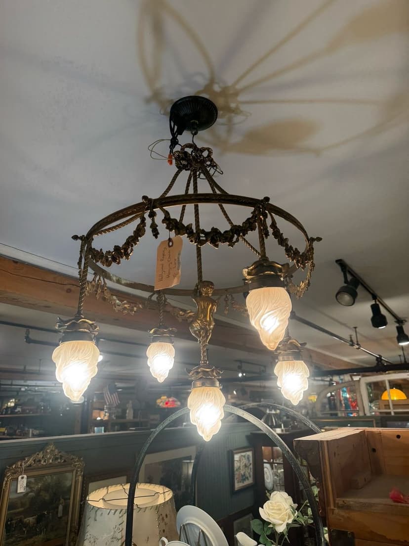 1950s Hanging Brass Cherub Chandelier with Frosted Glass Flame Shades, Gold & white, photo 3 of 3
