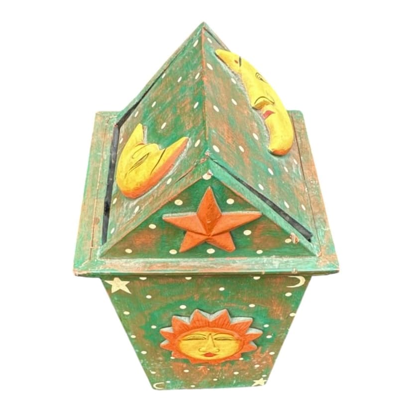 RARE Hand Painted Wooden Decorative Celestial Moon & Stars Trash Bin, Multi-Colored, photo 2 of 3