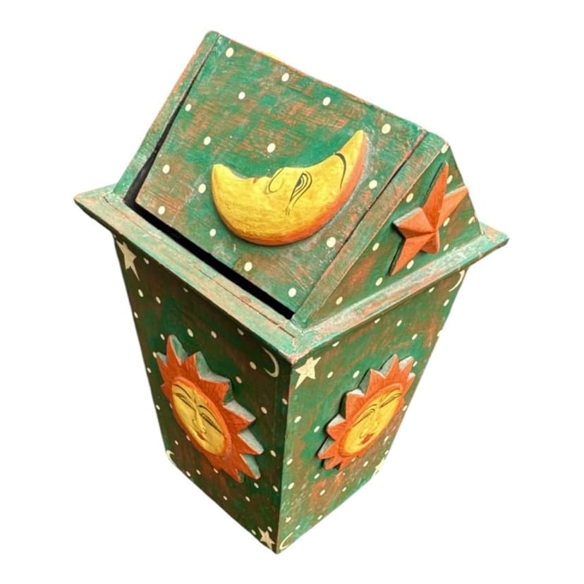 RARE Hand Painted Wooden Decorative Celestial Moon & Stars Trash Bin