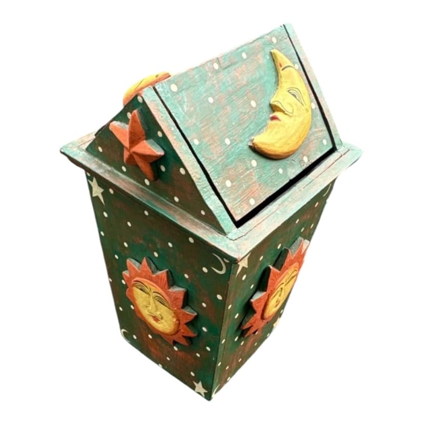 RARE Hand Painted Wooden Decorative Celestial Moon & Stars Trash Bin, Multi-Colored, photo 3 of 3
