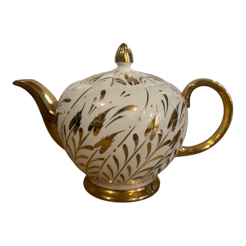 Vintage 1970s Cream and Gold Leaf Ceramic Teapot