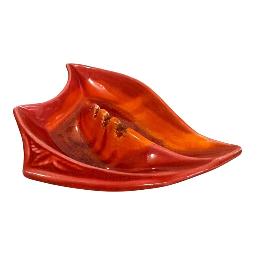 Vintage Mid-Century Red Drip Glaze Atomic Boomerang Ceramic Ashtray
