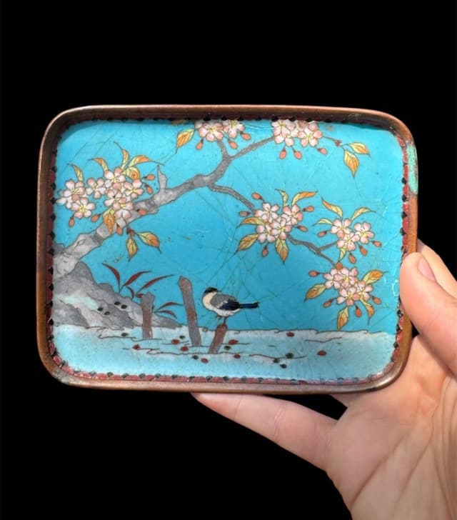 Antique Japanese Turquoise Cloisonné Cherry Blossom Enamel Tray