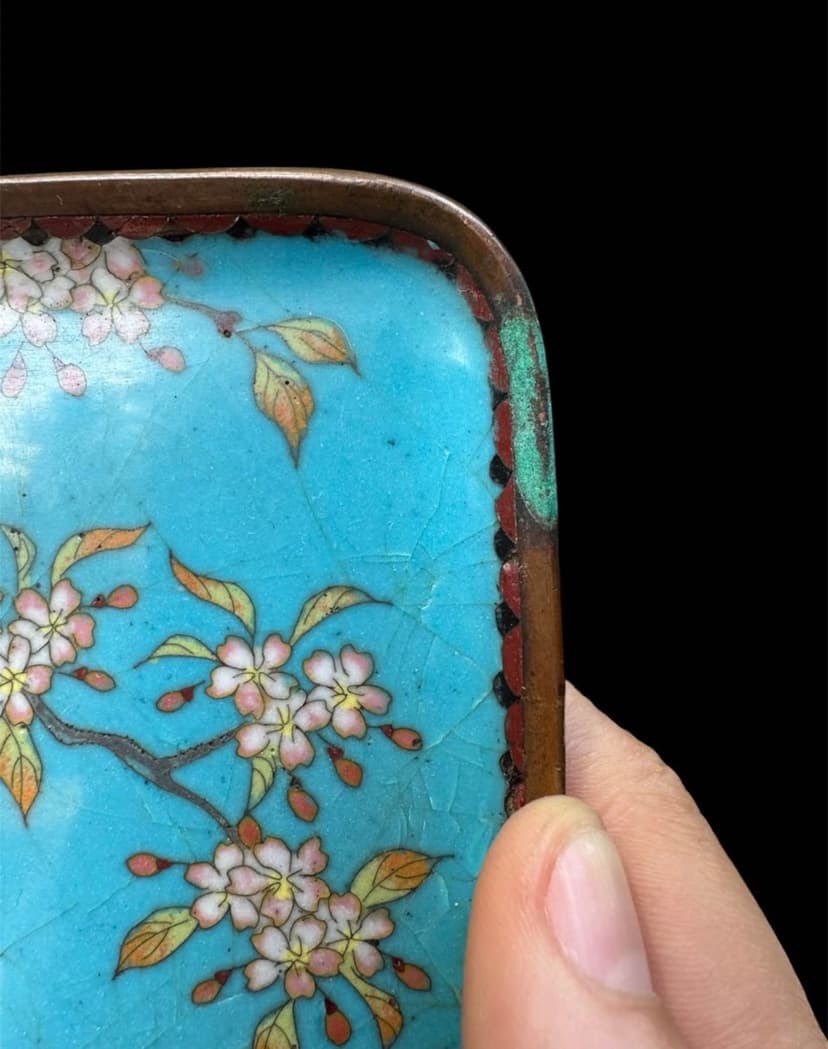 Antique Japanese Turquoise Cloisonné Cherry Blossom Enamel Tray, photo 2 of 3