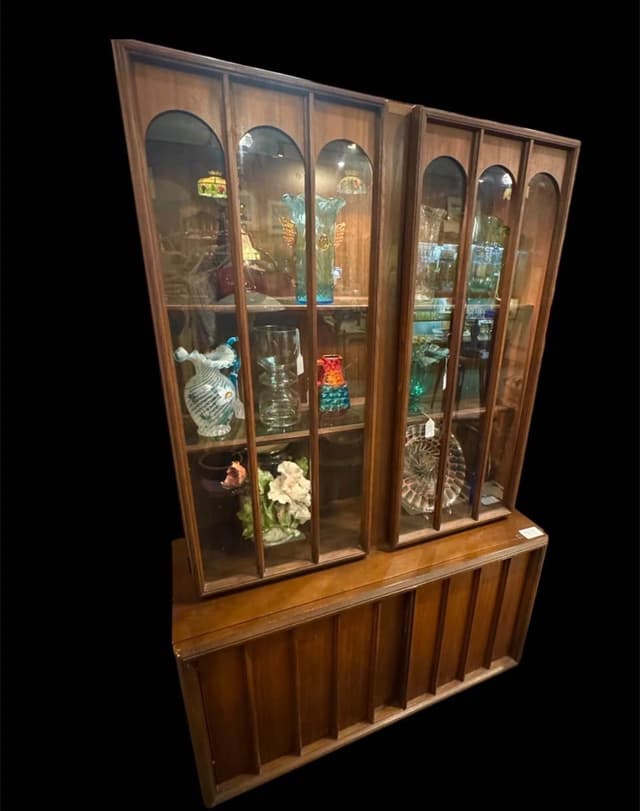 1960s Keller Walnut Colonnade-Top Hutch with Arched Glass Doors
