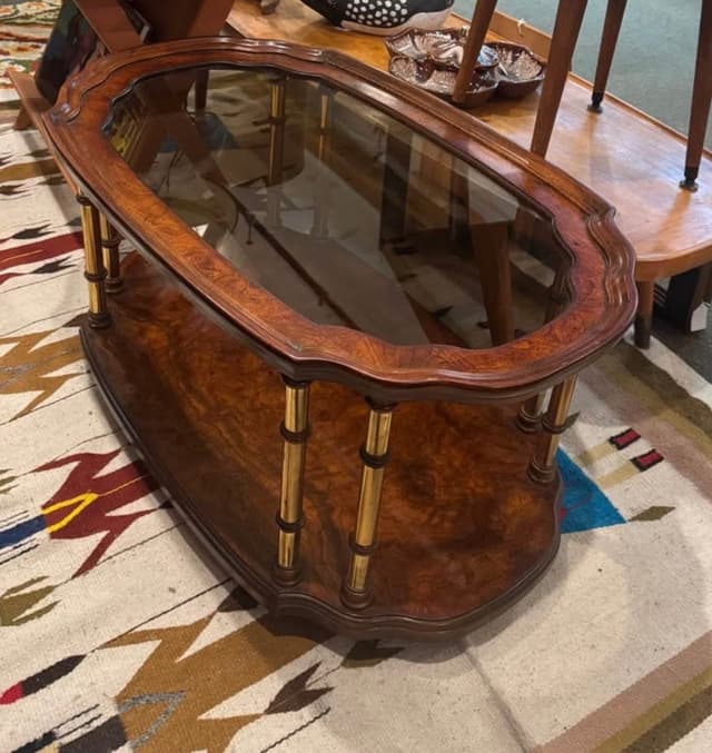 1960s Drexel Burl Wood and Brass Oval Coffee Table with Glass Top
