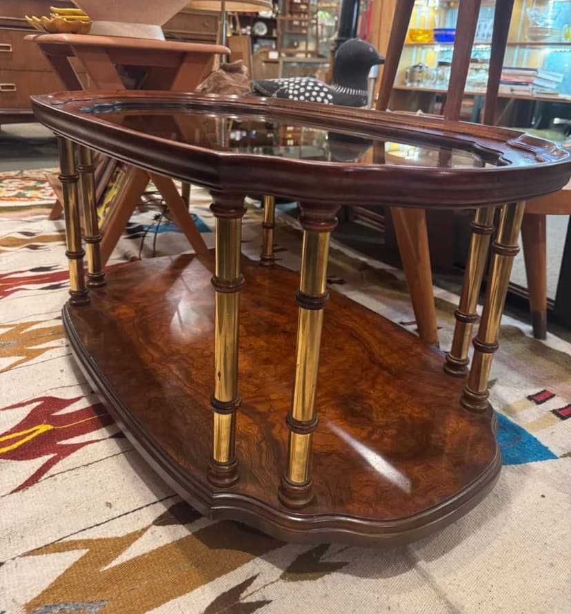 1960s Drexel Burl Wood and Brass Oval Coffee Table with Glass Top, Brown, photo 2 of 2